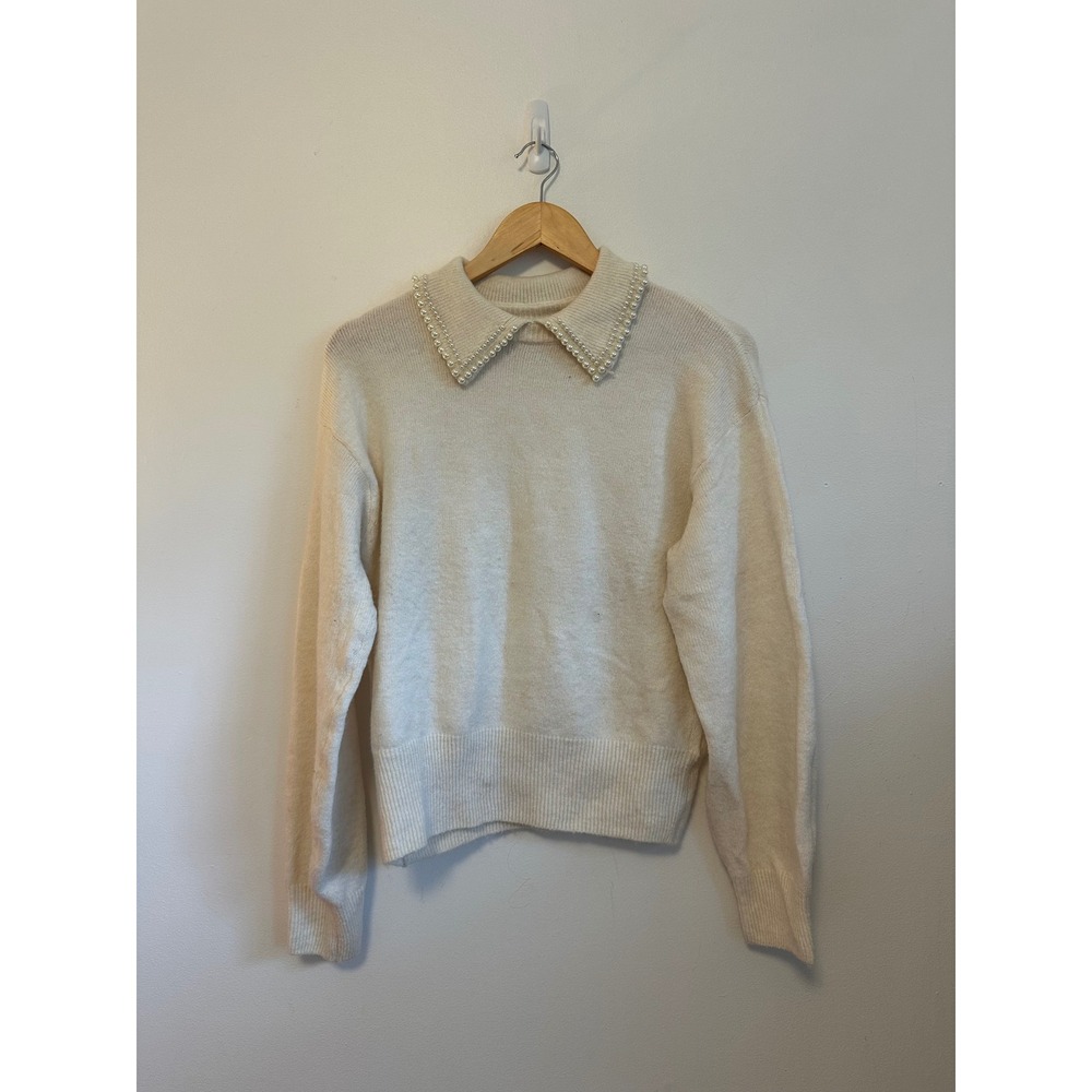 Zara Off White Faux Pearl Embellished Collar Knit Sweater | Size Medium